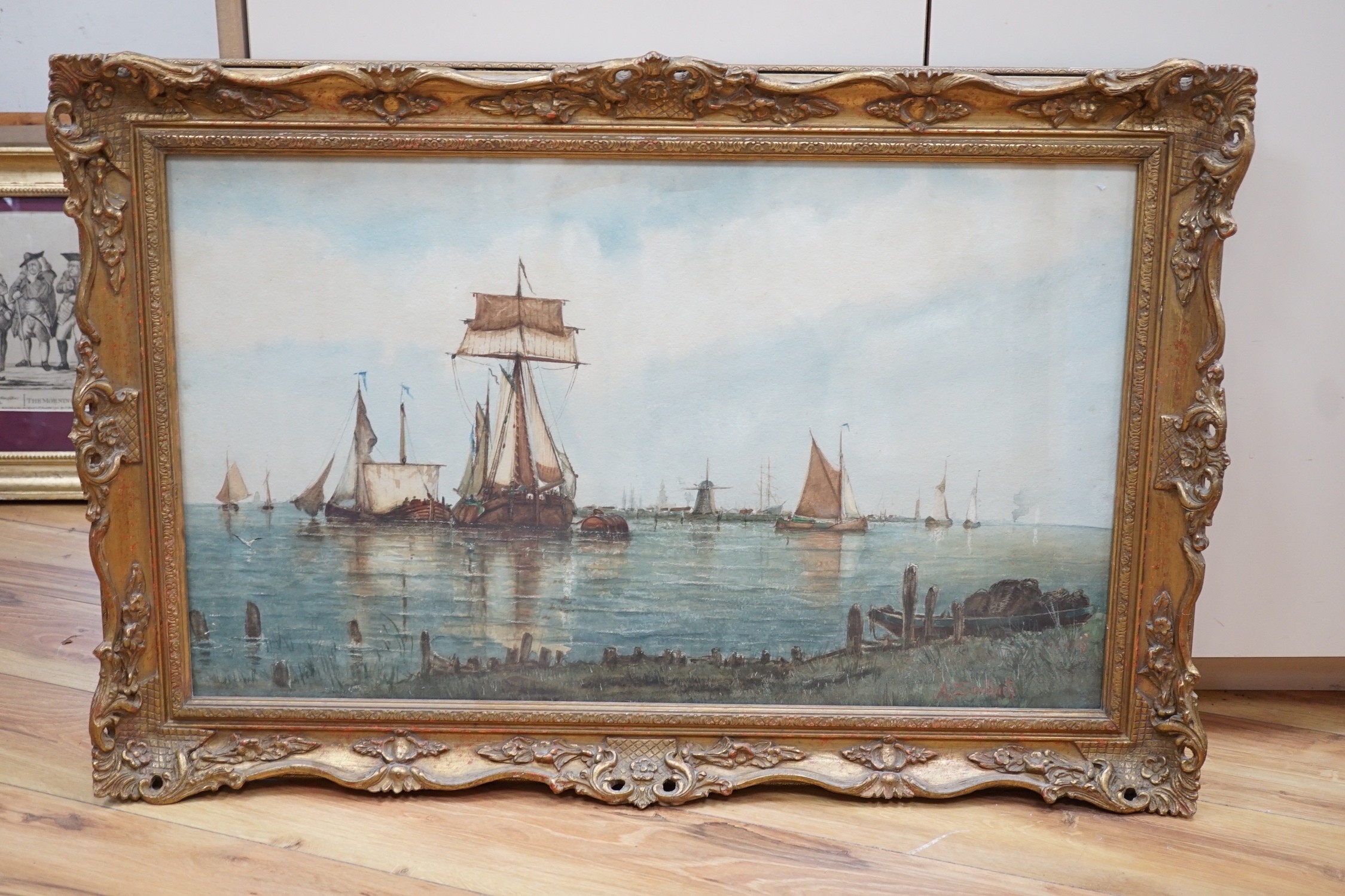 A. Seebach, watercolour, Shipping at anchor on an estuary, signed, 42 x 71cm